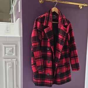 Ambiance Red and Black Plaid Pea Coat